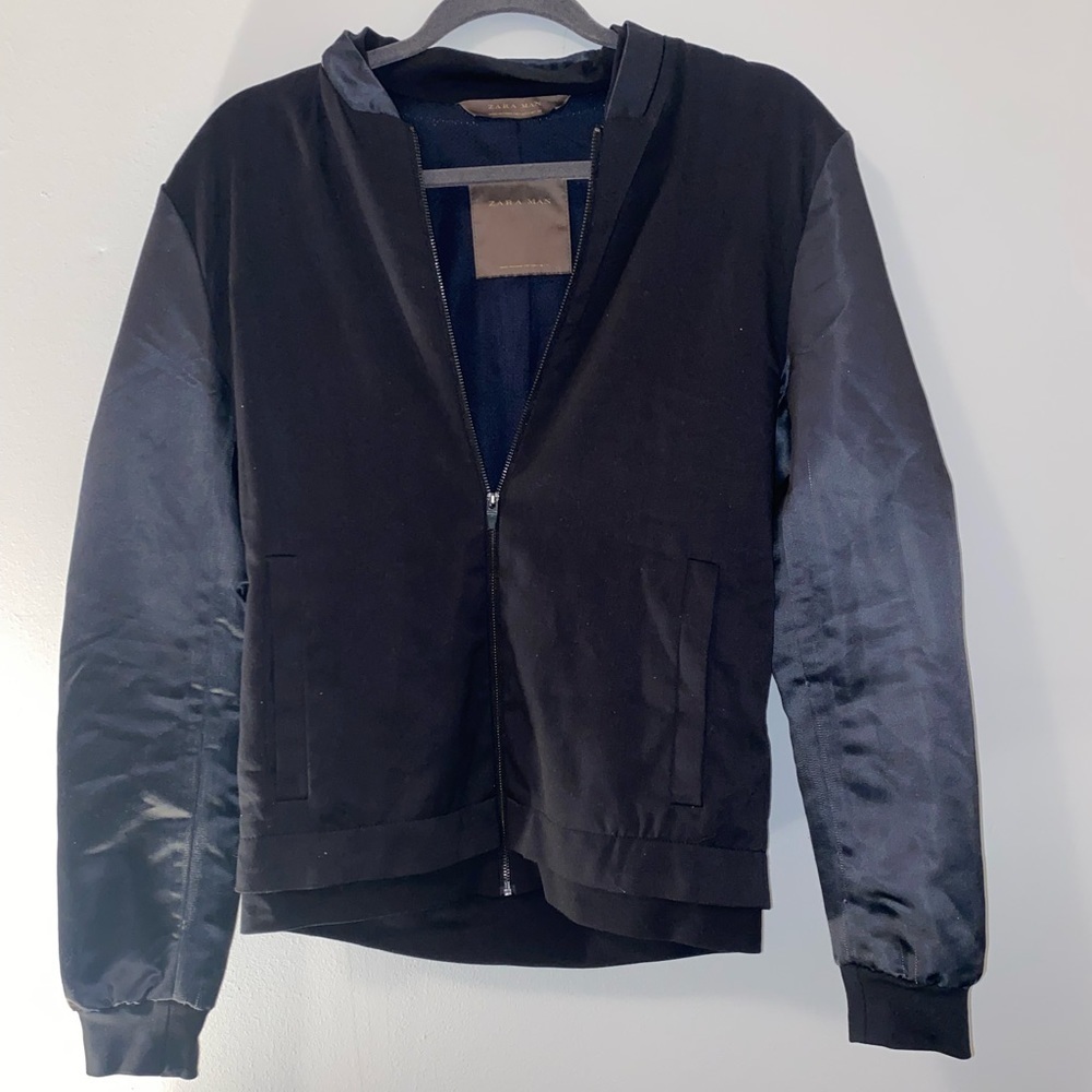 Zara Man Black Bomber Jacket with Satin Sleeves and elastic wrist Size S - Picture 2 of 8